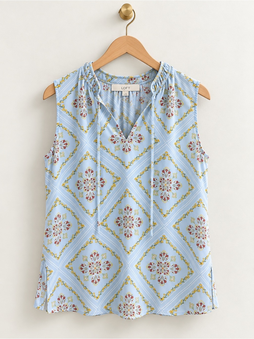 LOFT Blue Floral Geometric Sleeveless Tie Neck Blouse Size M